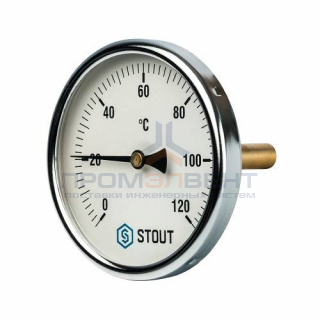 Термометр биметаллический аксиальный STOUT - 1/2" (D63 мм, шкала 0-120°C, с погружной гильзой 50 мм)